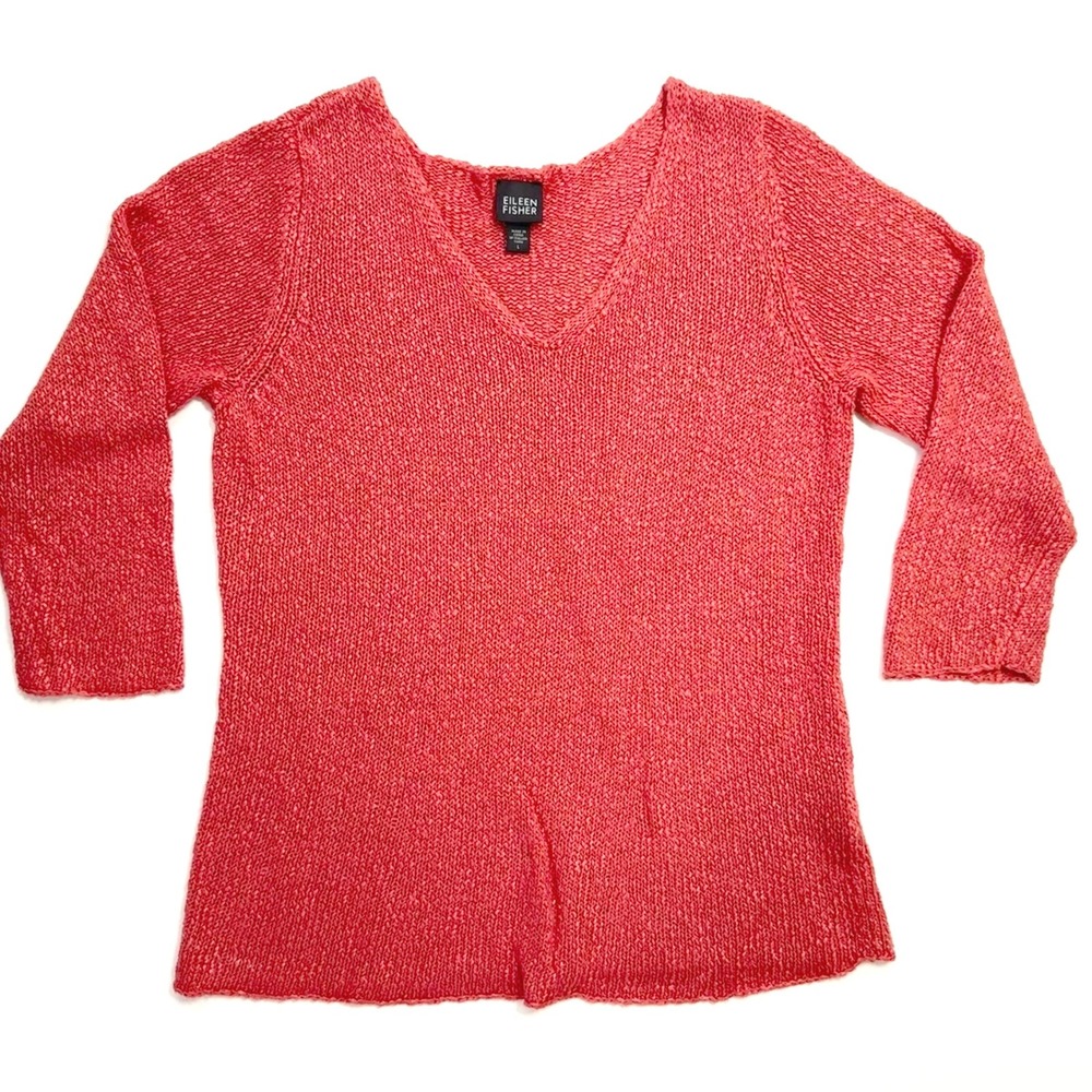 Eileen Fisher Sweater Large Coral Pink V-Neck Linen Blend Knit 3/4 Sleeve Top